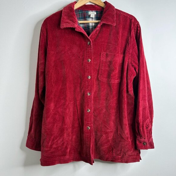 LL Bean Corduroy Shirt Jacket Womens L Red Flannel Lined Button Up Shacket Warm - Picture 1 of 11